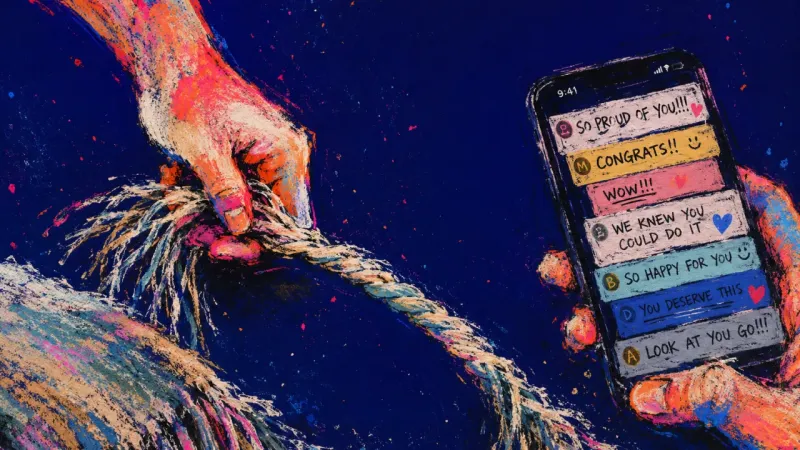 The Quiet Cinch A hand twists couch fringe into a tight rope beside a phone full of family praise, capturing self-w