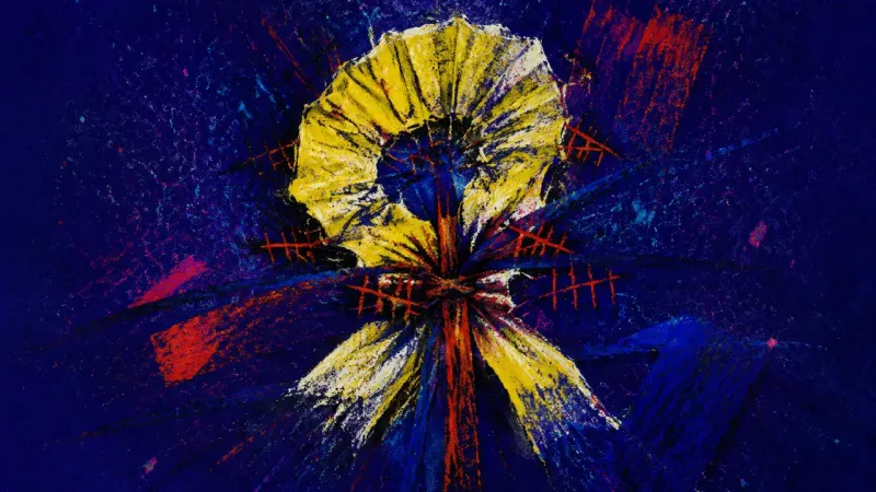Crushed Merit An award ribbon warped into a tangled, oppressive form, representing self-worth distorted by compar