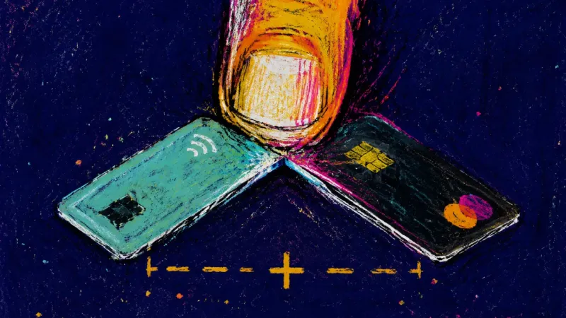 The Add-Line Pause A thumb stalls over an add-line prompt while two payment cards bend together, capturing the fear a 1