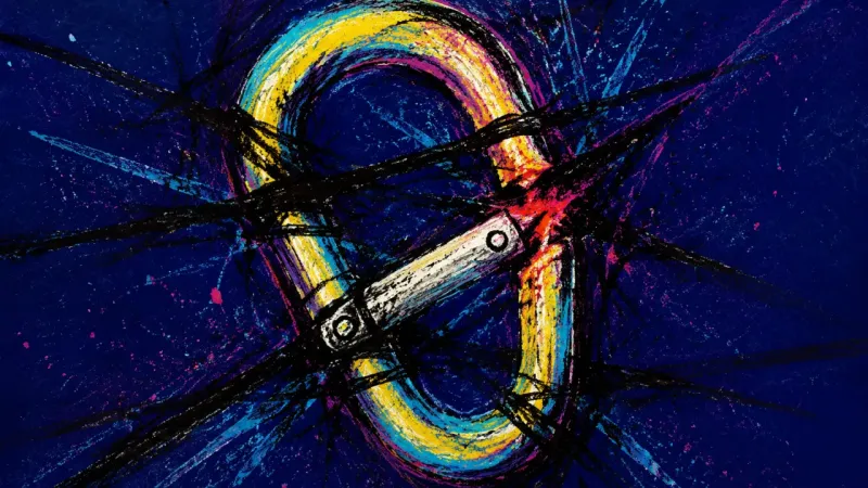 Jammed Gate A warped carabiner trapped in dense crossing lines, representing fear that a shared bill could