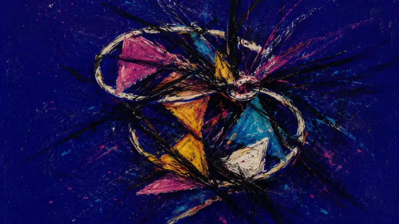 Knotted Welcome Bunting tangled into a closed loop and crossed by chaotic marks, representing the strain of staying