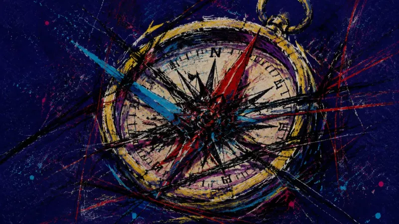 Compass Under Trial A distorted compass trapped in frantic crossing marks, representing shame-driven overwork and the fe
