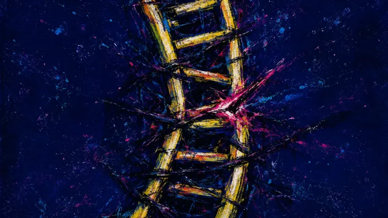 A warped ladder tangled in dense crossing marks, showing guilt, self-censorship, and pressure around