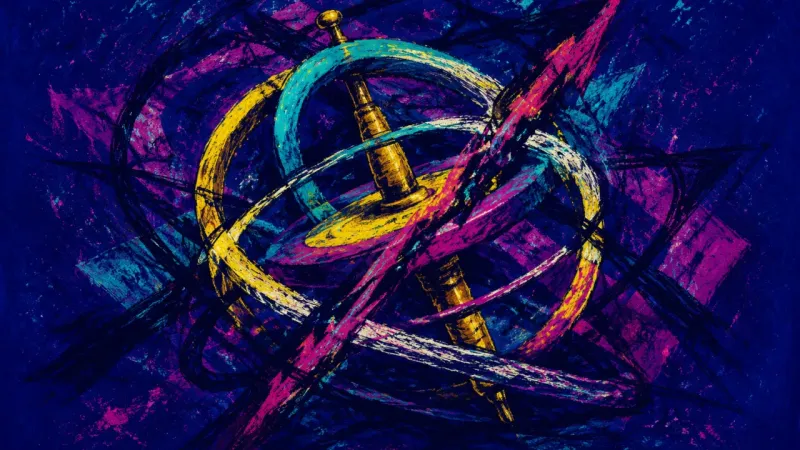 Off-Axis Panic An abstract gyroscope buckles under tangled pressure, representing job-choice paralysis, mental over