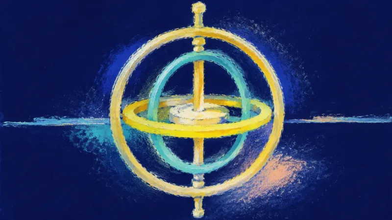 Axis Regained A restored gyroscope settles into clean alignment, representing a values-based decision, calm commi
