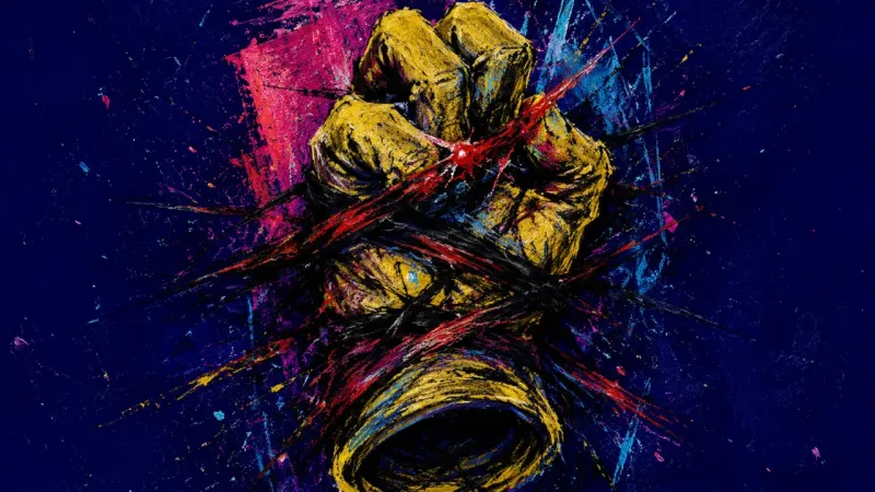Closed Grip A glove crushed inward and trapped in tangled lines, showing the strain of dismissing praise and