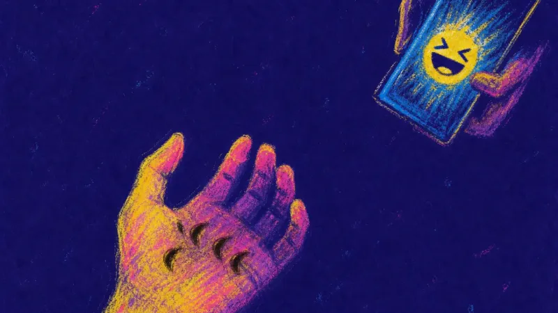The Laugh Reflex A phone with a laugh reaction already sent while a hand digs nails into the palm, symbolizing forced