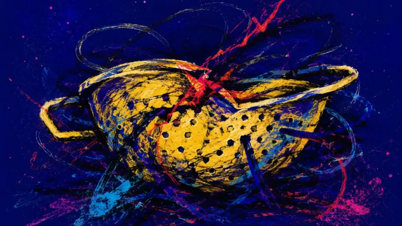 Filter Under Siege A distorted colander tangled in chaotic pressure, showing self-worth trapped in late-night ambiguity