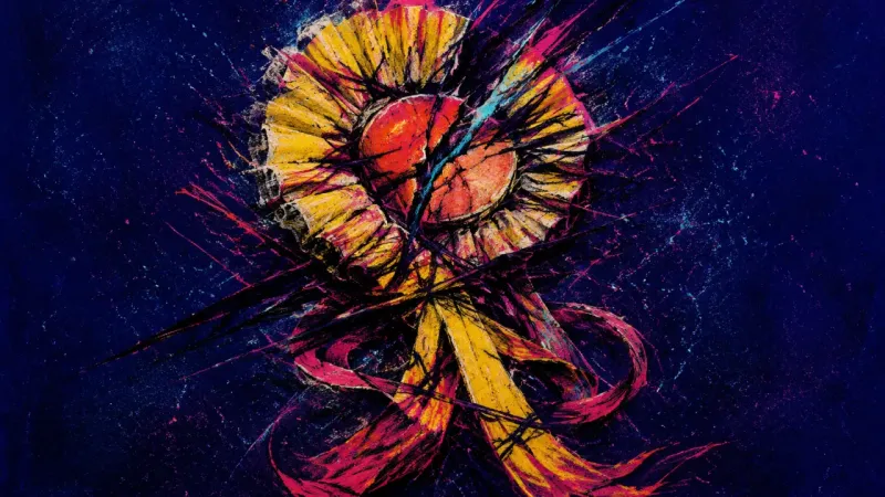 Rosette Under Strain An award rosette crushed inward and tangled in harsh lines, showing the strain of approval-seeking i