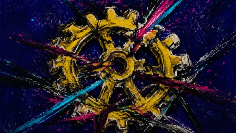 A distorted gear jammed by crossing marks, representing workplace pressure, over-compliance, and fea