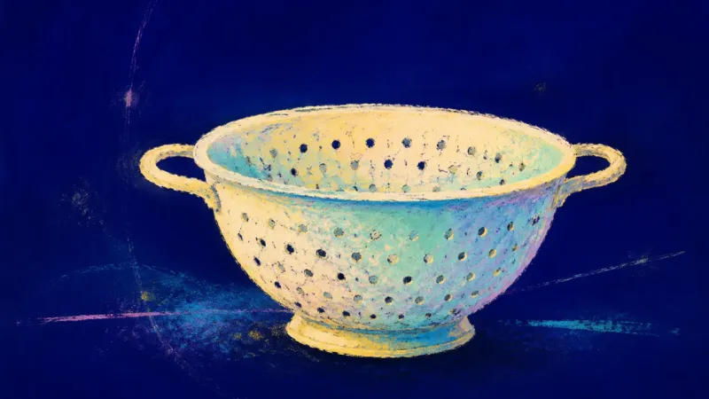 Filter Realigned A restored colander with even openings and calm order, representing workplace anxiety settling into