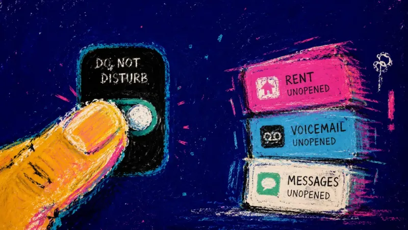 Mute Reflex A thumb turns Do Not Disturb back on as rent, voicemail, and text alerts stay unopened, symbolizing