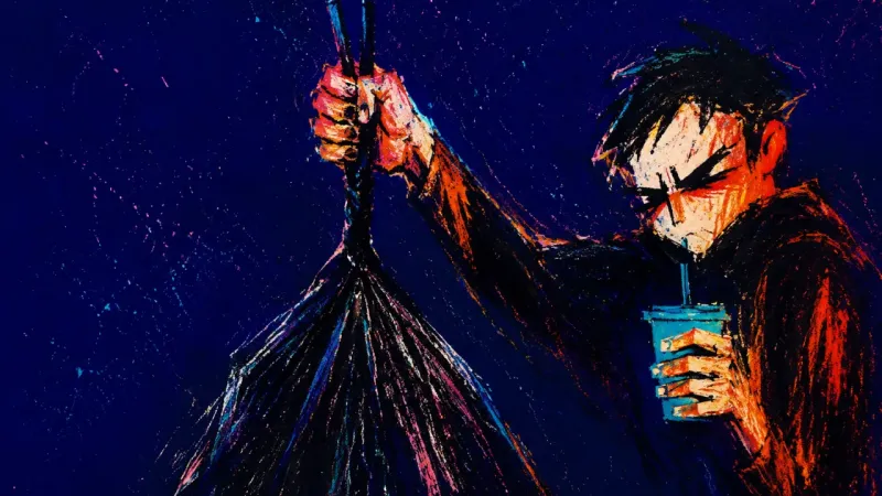 One hand still holding a drink cup while the other lifts an overfilled trash bag, showing the unpaid