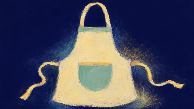 An abstract apron restored to an open balanced shape, representing a clear request, shared cleanup,