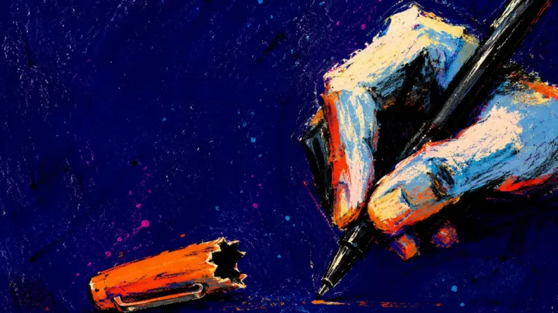 A pen cap chewed split and held in a stalled signing grip, symbolizing family-pressure indecision at