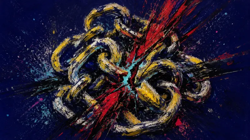 A chain crushed into a tangled knot, representing guilt, family pressure, and the trapped feeling