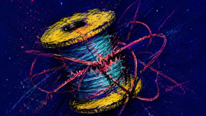 An abstract spool overwhelmed by tangled loops, symbolizing compulsive checking, blocked rest, and a