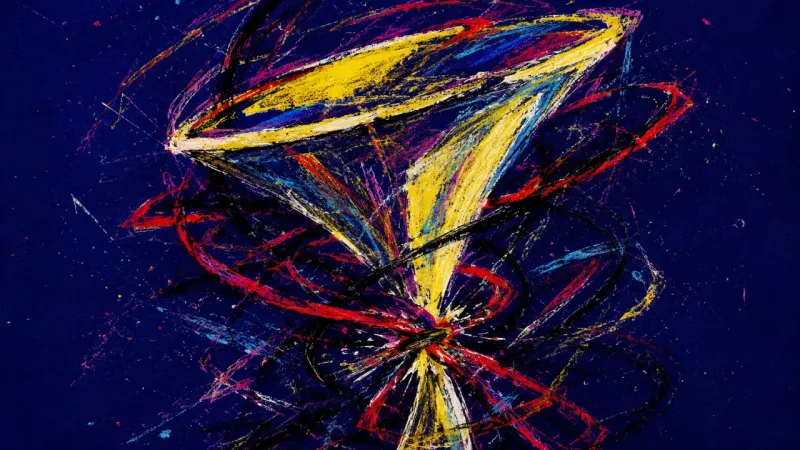 Jammed Channel A warped funnel clogged by crossing pressure lines, representing overwhelm, compulsive switching,