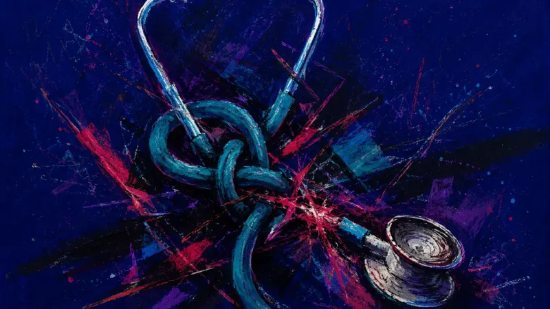 Signal on Trial A stethoscope twisted into a tight snarl, representing shame, self-silencing, and the pressure to p