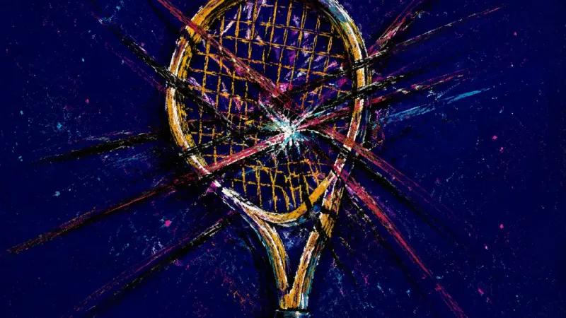A warped racket tangled in violent lines, representing people-pleasing under family pressure and the