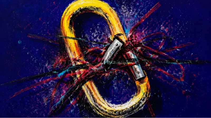 A warped carabiner trapped in a dense snarl of lines, reflecting overload from money stress, time दब