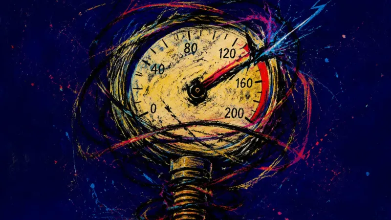 An abstract pressure gauge bent out of balance, expressing career choice paralysis, overload, and th