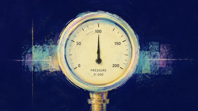An abstract pressure gauge restored to balance, expressing a paced career decision shaped by self-tr
