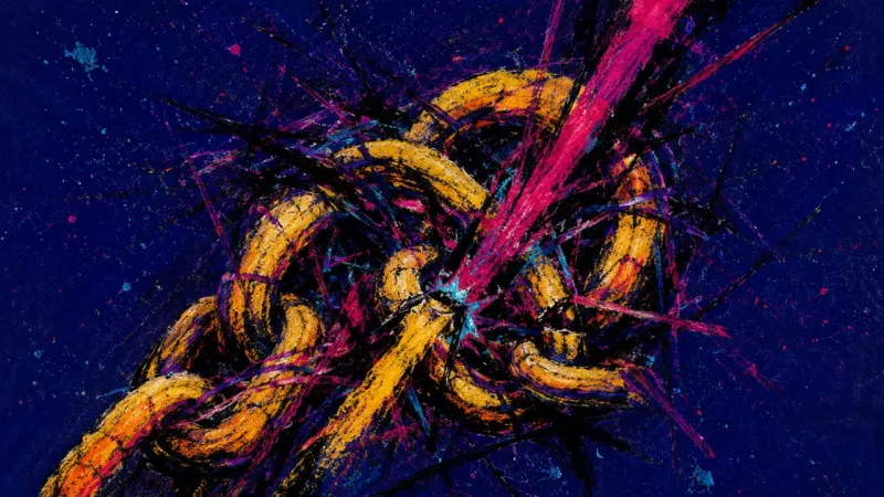 An abstract chain twisted into a choking knot, expressing anxious overthinking, rejection fear, and