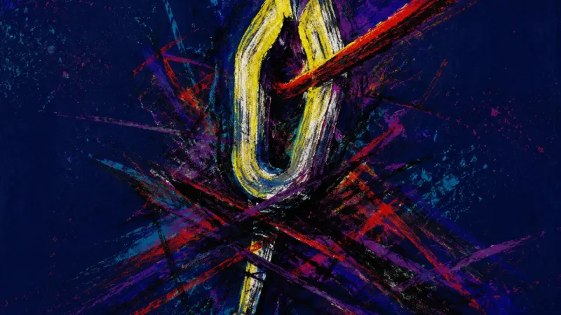 A distorted tuning fork tangled in conflicting marks, representing career choice paralysis, deadline