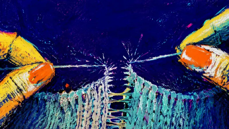 The Unsent Thread A loose sweater thread pulled until the knit frays open, mirroring the late-night habit of overworki