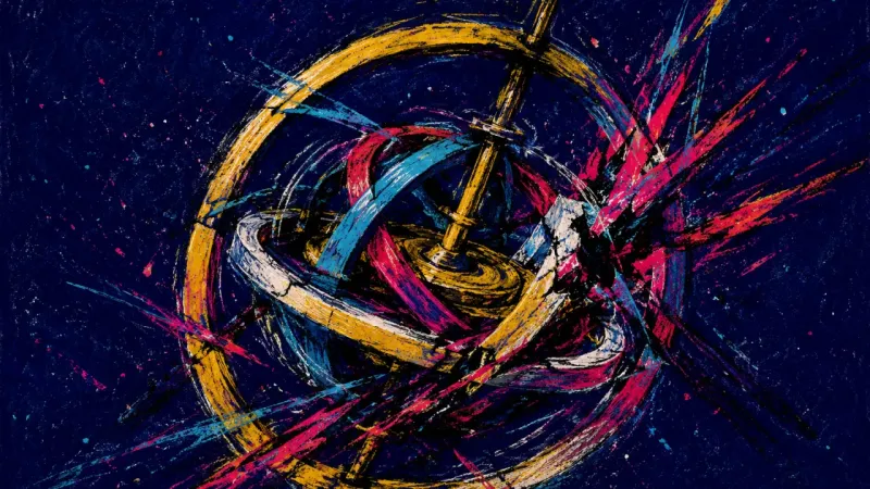 Seized Axis A distorted gyroscope trapped in tangled pressure, representing self-doubt, comparison loops, and th
