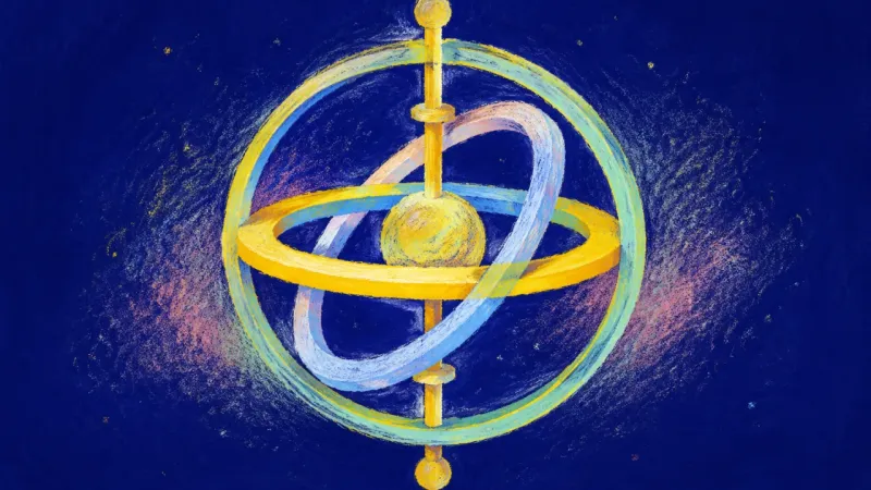 Recovered Axis A re-centered gyroscope with balanced rings, representing self-trust, clear action, and calm order