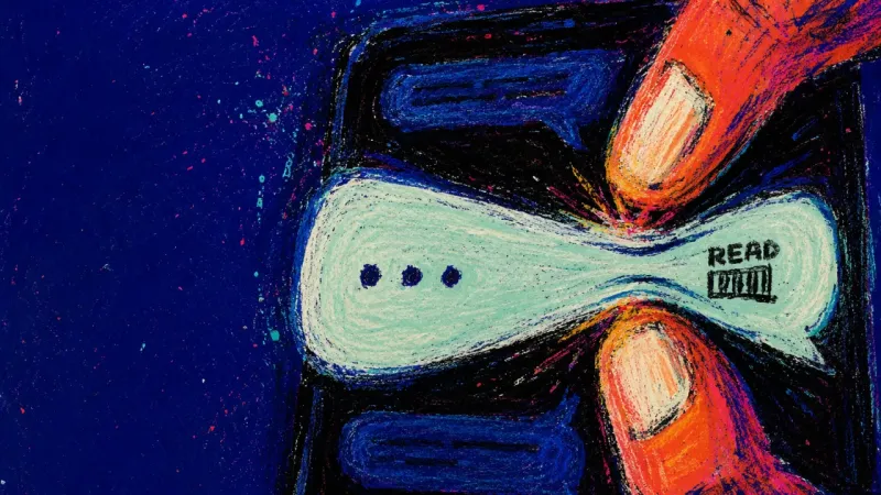 Tone on Trial Two fingers pinch-zoom a single chat message and read marker on a phone screen, reflecting obsessive