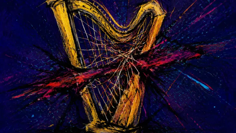 Crossed Strings A warped harp bound in chaotic lines, representing obsessive replay, social dread, and the urge to