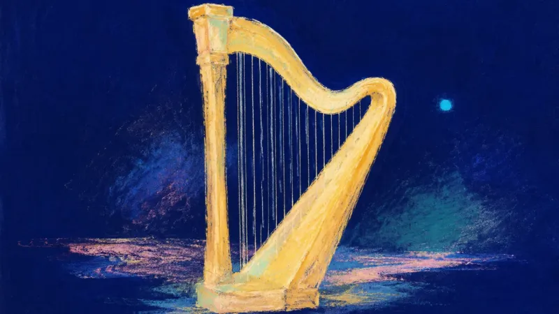 Restored Resonance A restored harp with balanced strings, representing self-trust, calm boundaries, and the ability to