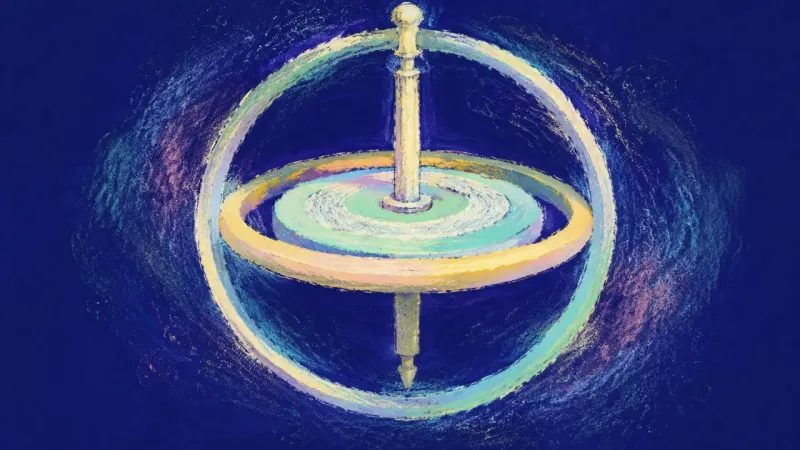 Recentered Orbit A gyroscope restored to balanced alignment, representing self-led structure, calmer choices, and a