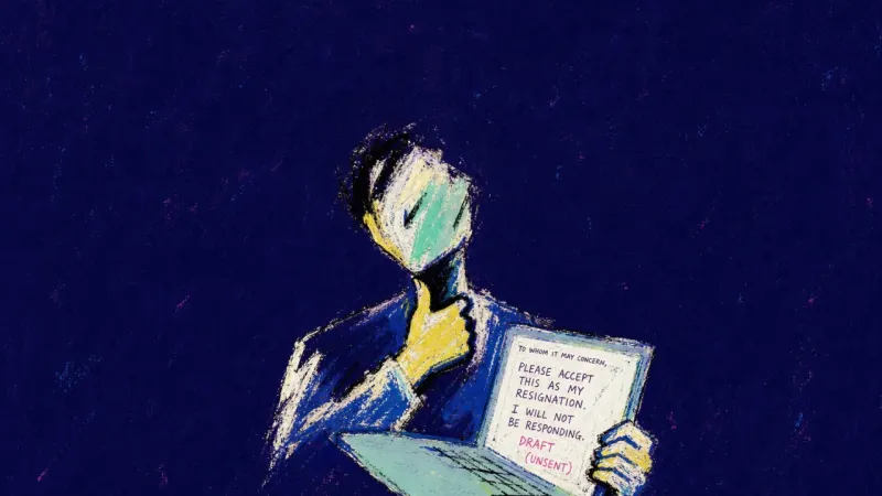 The Held Breath A thumb presses into the throat while the other hand holds an unsent resignation draft open on a lap