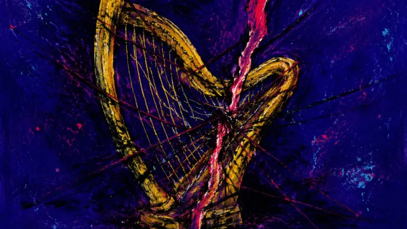 Choked Resonance A warped harp tangled in crossing lines, representing self-silencing, insecurity, and the pressure