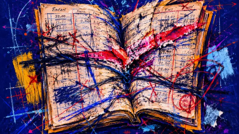 Trial Ledger An abstract ledger bent and tangled by harsh marks, expressing shame, over-control, and the feeling