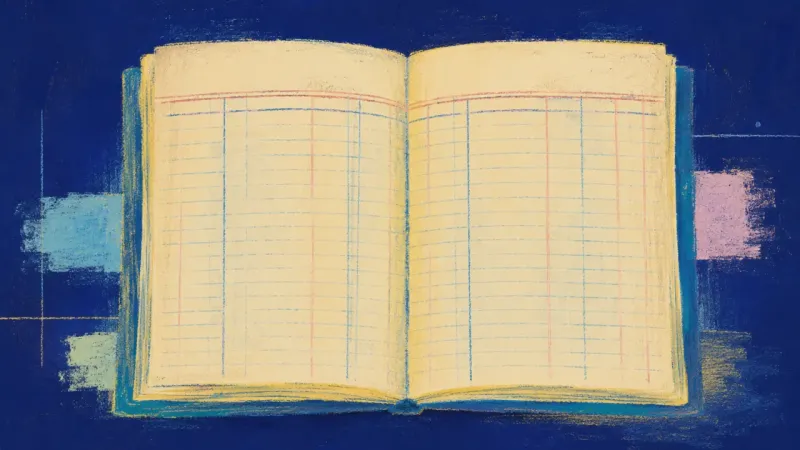 Open Record An abstract ledger restored to calm order, showing time tracking as neutral information and steadier