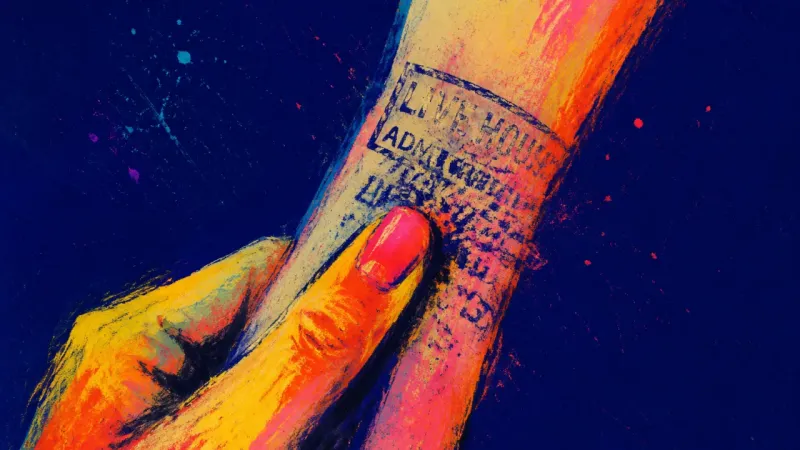 A thumb rubbing a fading party stamp raw on the inner wrist, representing the anxious limbo after a