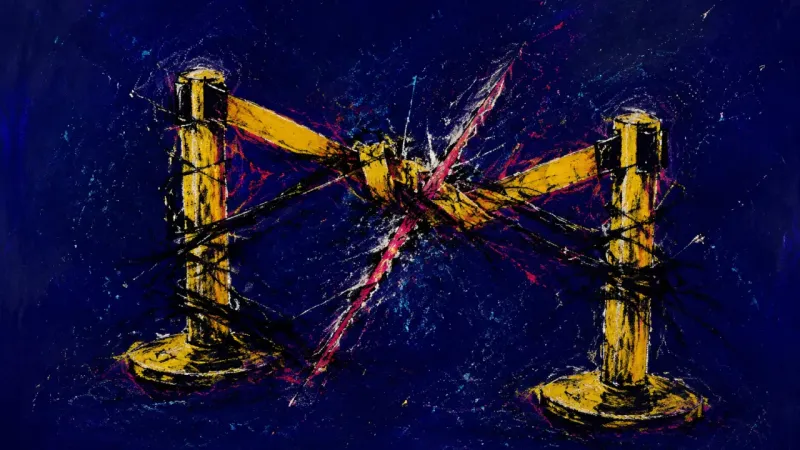 An abstract queue barrier tangled into a blocked line, expressing boundary confusion, social fear,