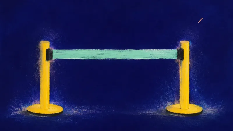 An abstract queue barrier restored to a clear line, symbolizing calm standards, self-respect, and