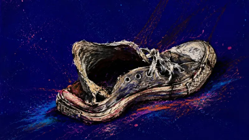 A sneaker heel crushed flat from repeated half-leaving, symbolizing an evening kept on hold by unfom