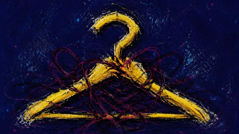 A distorted hanger trapped in chaotic lines, representing the stress of vague plans, repeated wai