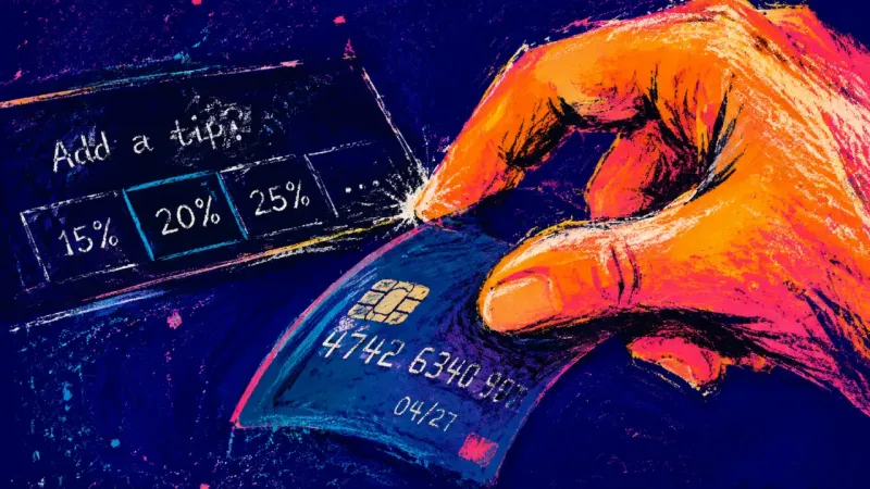 A thumb stalls over preset tip buttons while a bank card bends in the same hand, capturing checkoutg