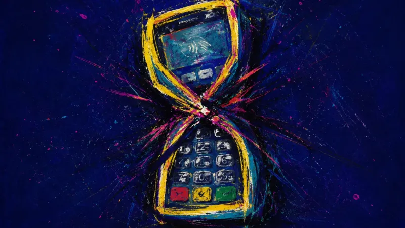 A distorted payment terminal caught in a tight loop of pressure, expressing tip-screen guilt, social