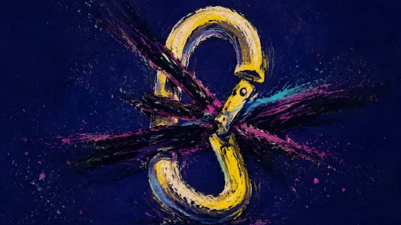 Warped Access An abstract carabiner warped and jammed by crossing lines, representing humiliation, freeze, and fea