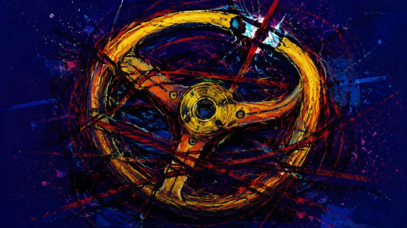 Seized Direction A distorted steering wheel tangled in harsh crossing marks, representing social exclusion anxiety,