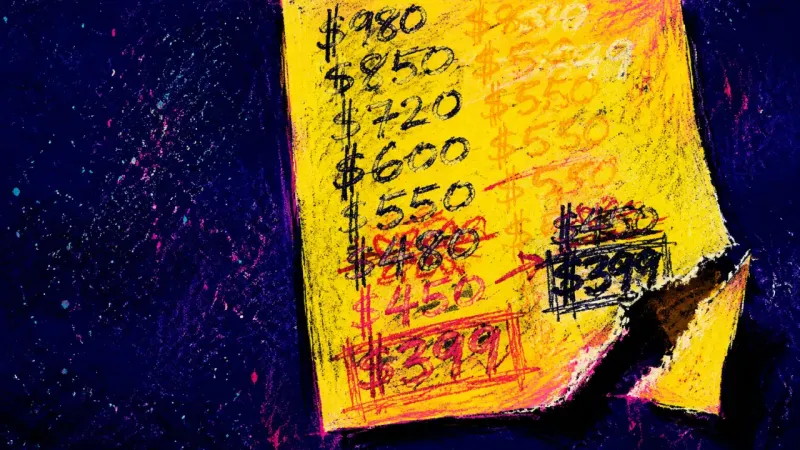 Downward Revision A sticky note crowded with smaller quote amounts and a torn corner, showing anxious self-discounting